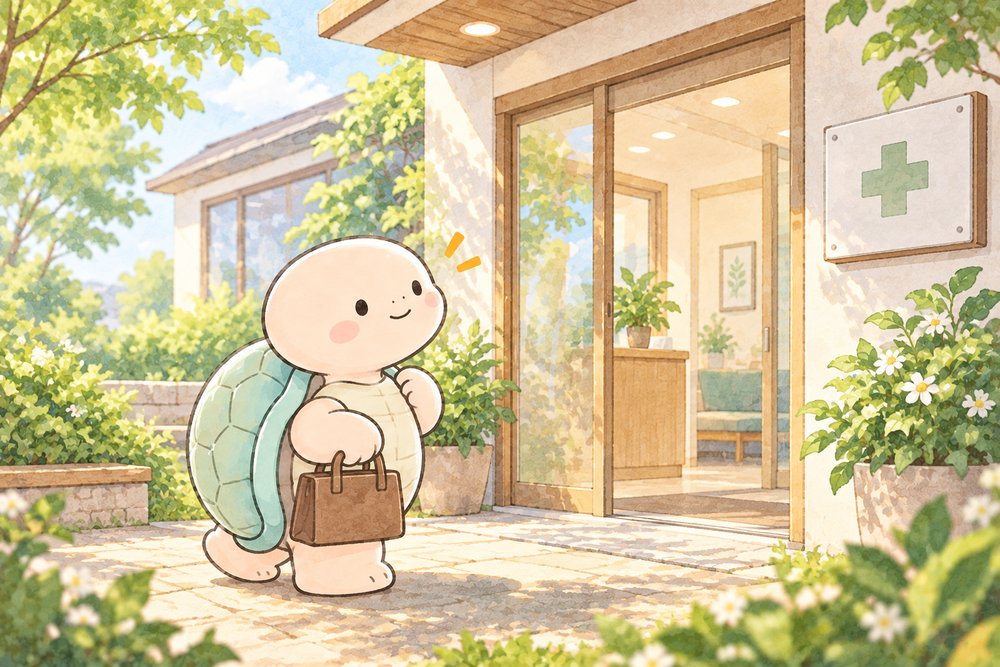 クリニックの入口に入ろうとする亀のナビ助