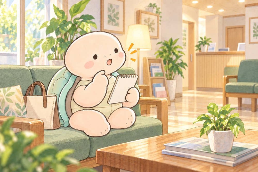 待合室で伝えたいことをメモで確認する亀のナビ助