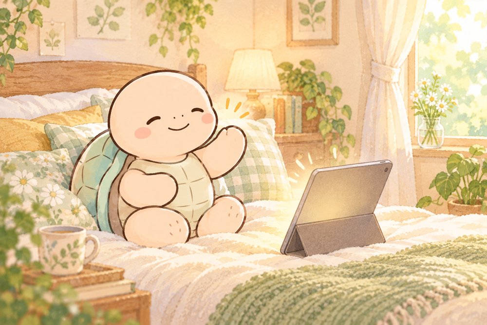 ベッドでタブレットに手を振るオンライン診療の亀のナビ助