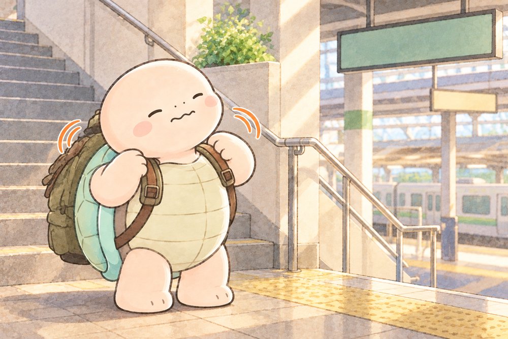駅の階段で重いリュックを背負って肩を回す亀のナビ助