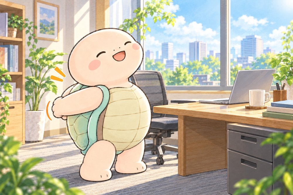 デスクの横で胸を開くストレッチをする亀のナビ助