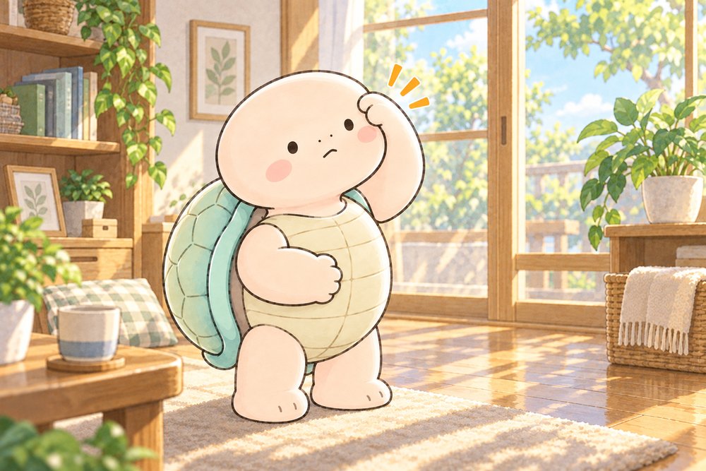 おなかに手を当てて自分の体質を考える亀のナビ助