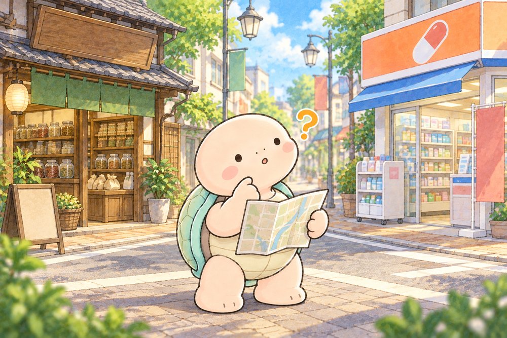商店街で地図を広げてお店を選ぶ亀のナビ助