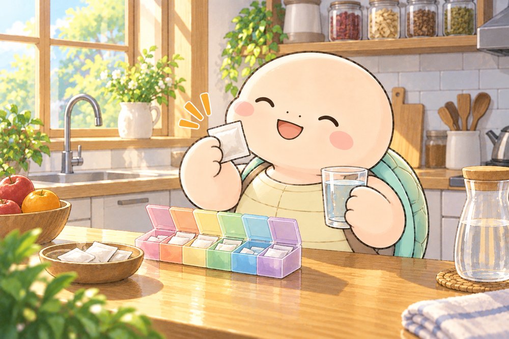 ピルケースから漢方を取り出して飲む亀のナビ助