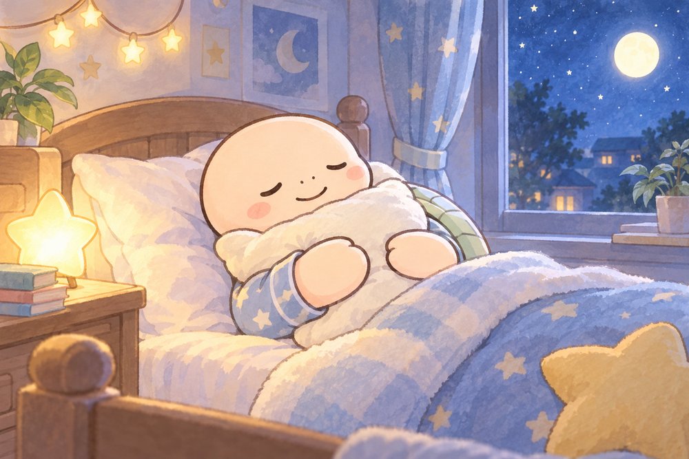 星の夜に枕を抱いてすやすや眠る亀のナビ助