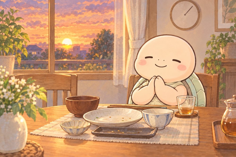 早めの夕食を終えてごちそうさまをする亀のナビ助