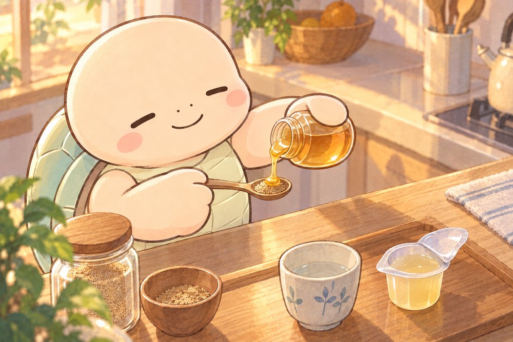 漢方の顆粒にはちみつをかけて飲みやすくする亀のナビ助
