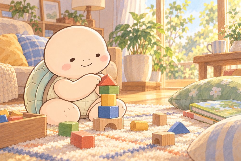 リビングで積み木をゆっくり積んで遊ぶ亀のナビ助