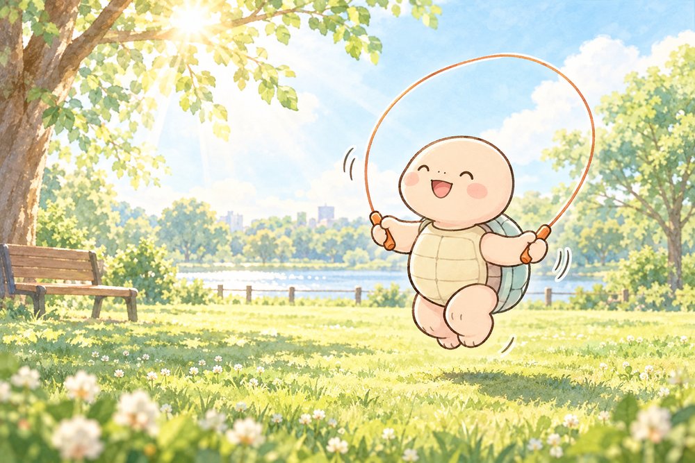 朝の公園で元気に縄とびをする亀のナビ助