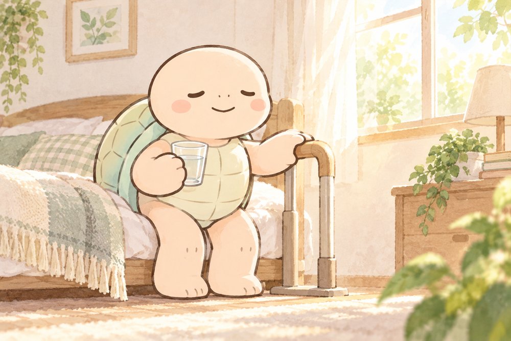 水を飲んでからゆっくり立ち上がる亀のナビ助