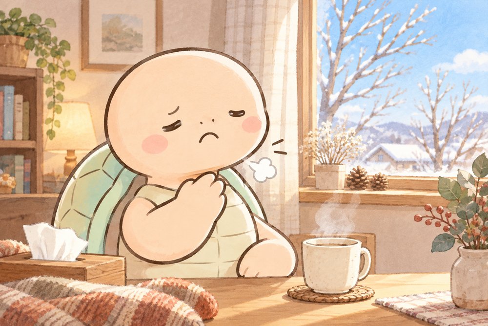 乾燥した部屋でのどの違和感に顔をしかめる亀のナビ助