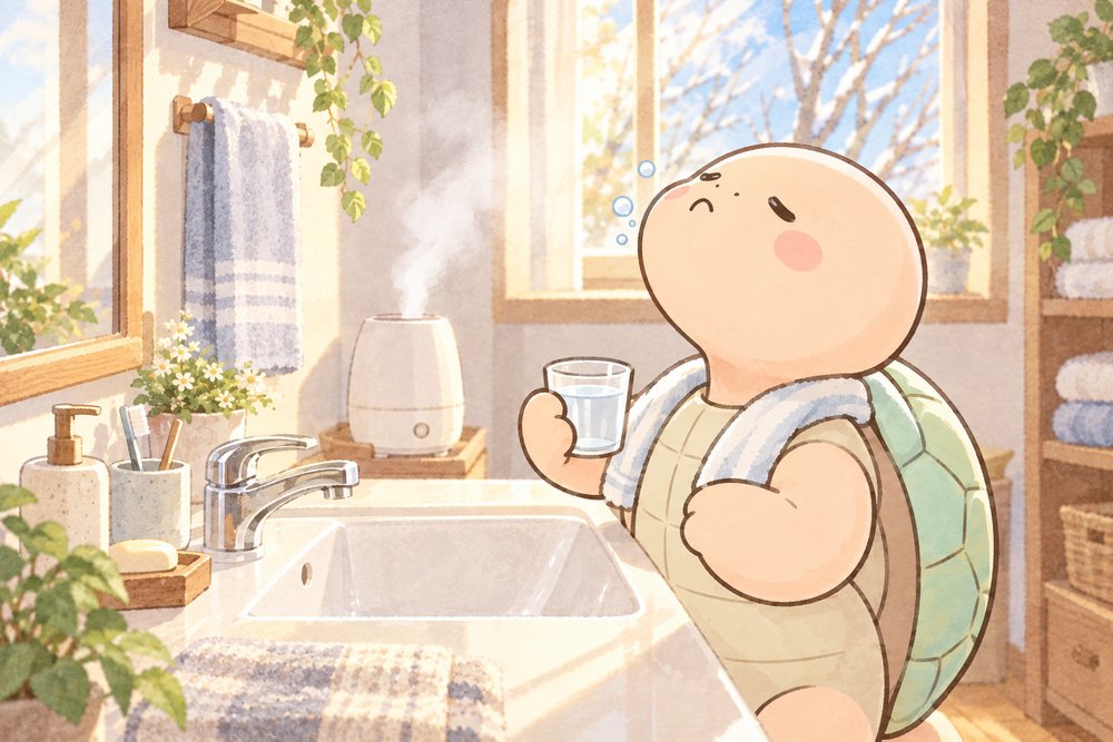 加湿器のそばでうがいをする亀のナビ助