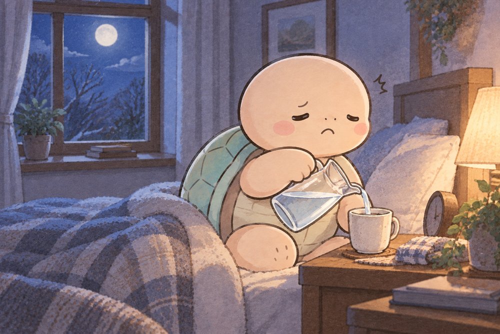 夜中に口が乾いて水を注ぐ亀のナビ助
