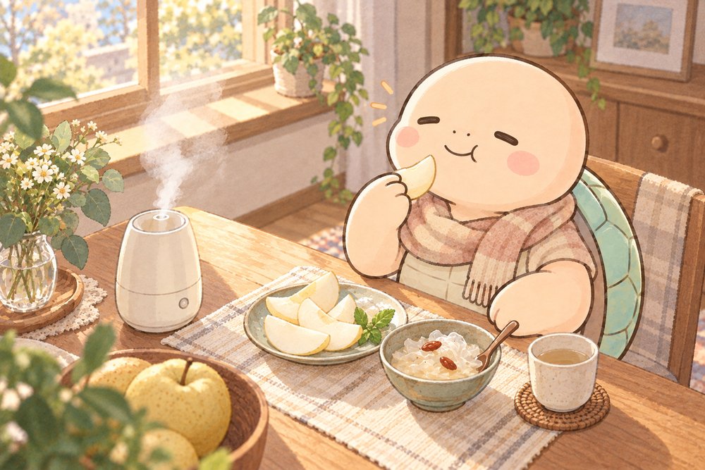 加湿器のそばで梨を食べてうるおう亀のナビ助