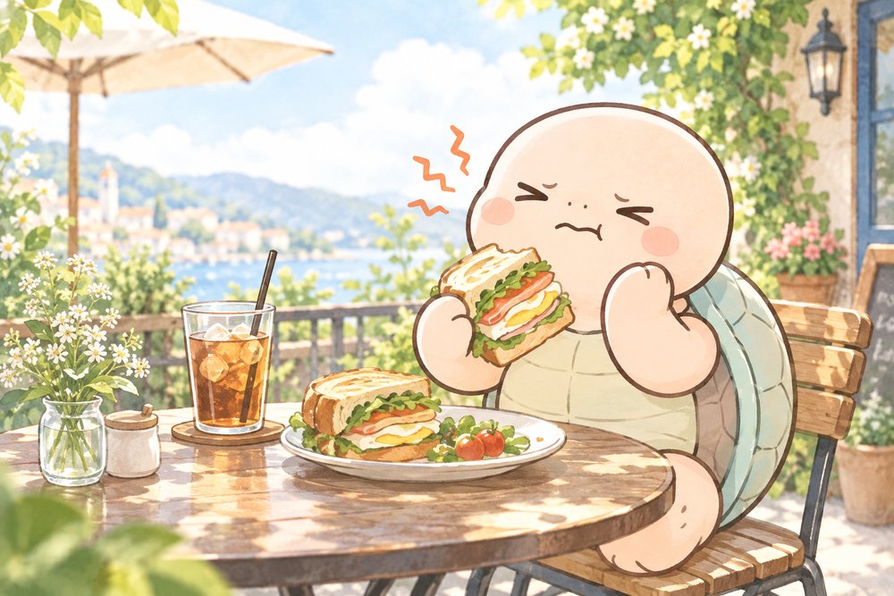 サンドイッチをかんであごが痛む亀のナビ助