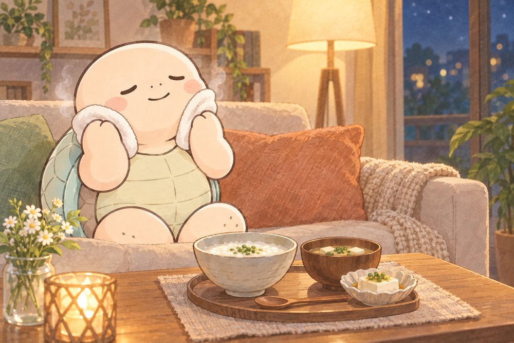 温かいタオルでほほを温めてあごの力を抜く亀のナビ助