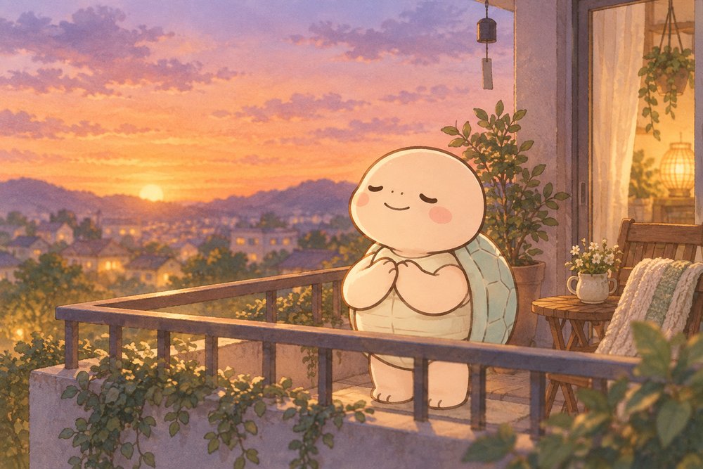 夕暮れのベランダで深呼吸する亀のナビ助