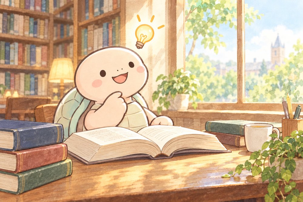 図書館で本を開いてひらめく亀のナビ助