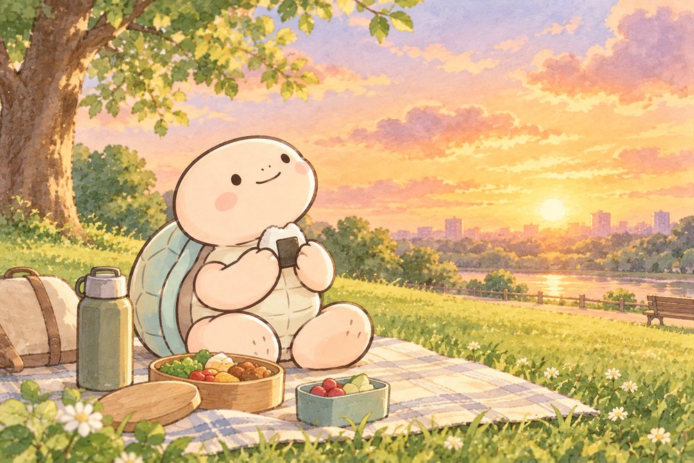 夕方の公園でお弁当を広げてのんびりする亀のナビ助