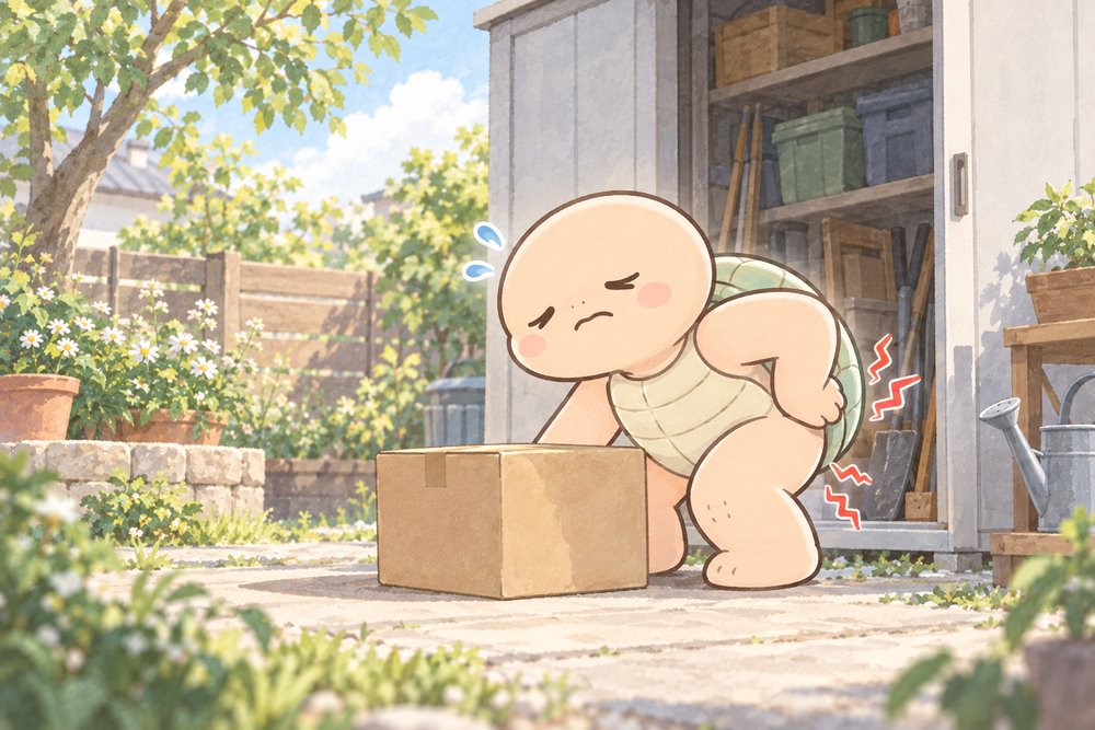 荷物を持ち上げようとして腰から脚が痛む亀のナビ助