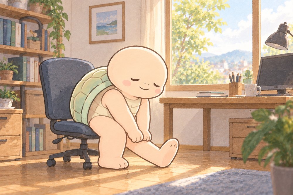 いすに座って太ももの裏を伸ばす亀のナビ助