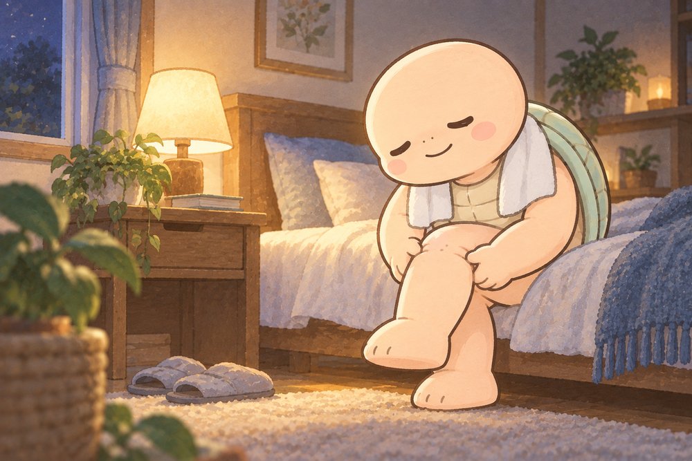 ベッドのはしでひざ裏のツボを押す亀のナビ助