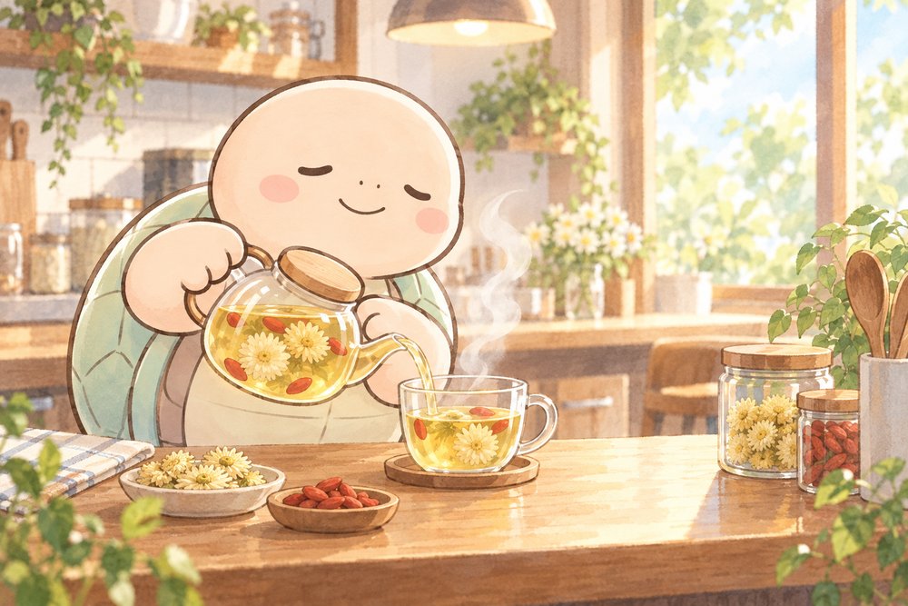 菊とクコの実のお茶をいれる亀のナビ助