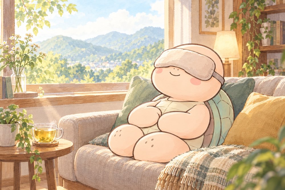 温かいアイピローで目を休める亀のナビ助