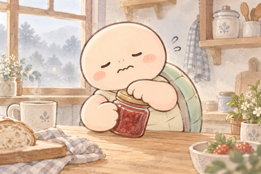 こわばった手でびんのふたを開けられず困る亀のナビ助