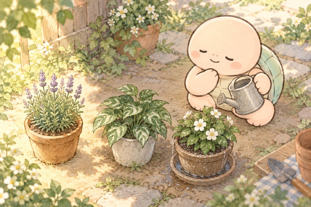 性質のちがう鉢植えをそれぞれ手入れする亀のナビ助