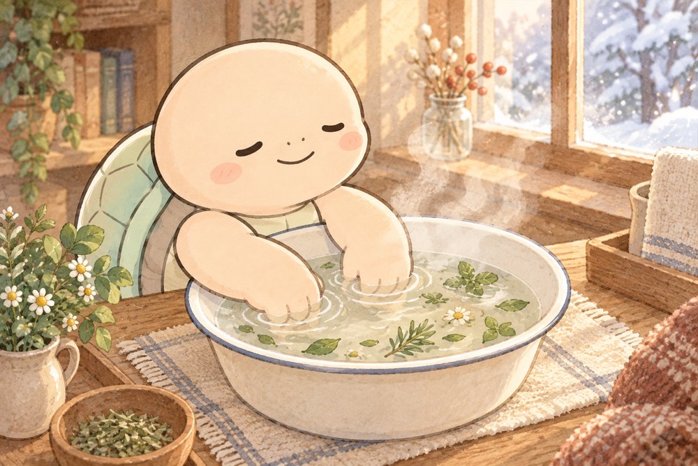 薬草を浮かべたお湯で手を温める亀のナビ助