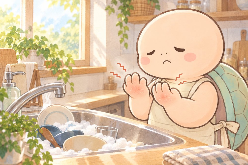 食器洗いのあと手の荒れに困る亀のナビ助