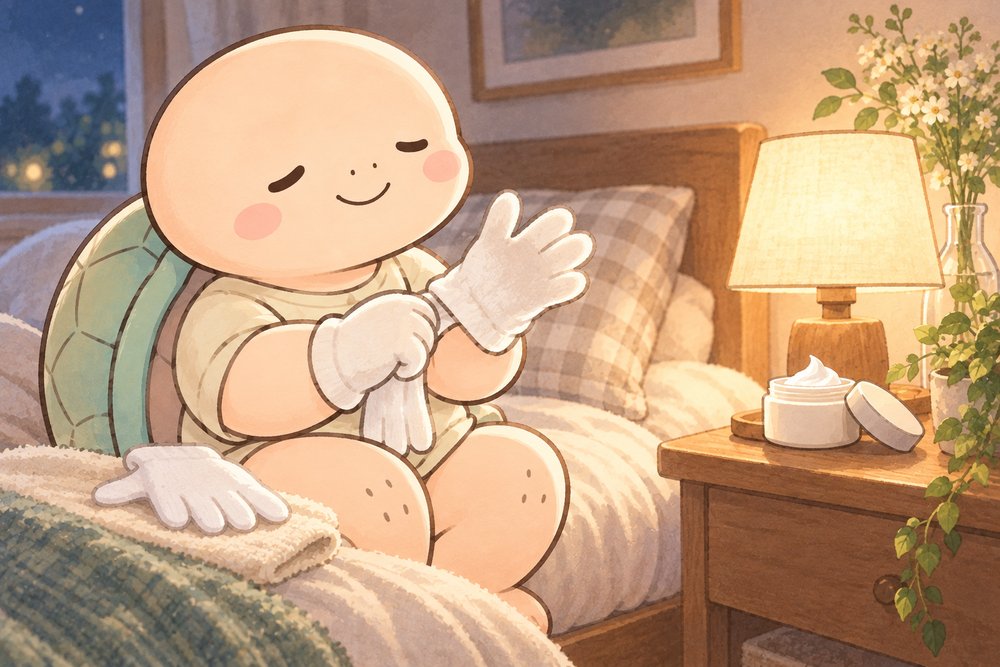 寝る前にクリームをぬって綿の手袋をはめる亀のナビ助