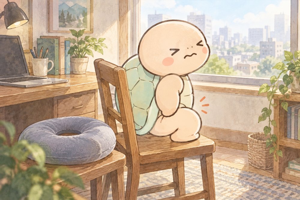 かたいいすに座って顔をしかめる亀のナビ助