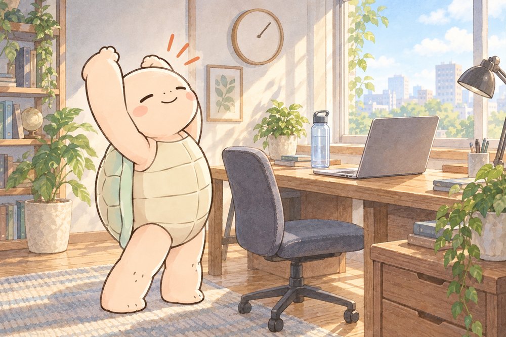 座りっぱなしをやめて背伸びをする亀のナビ助