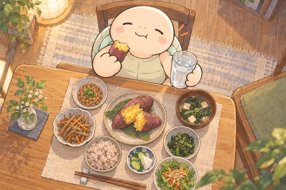 食物繊維たっぷりの和食と水をとる亀のナビ助
