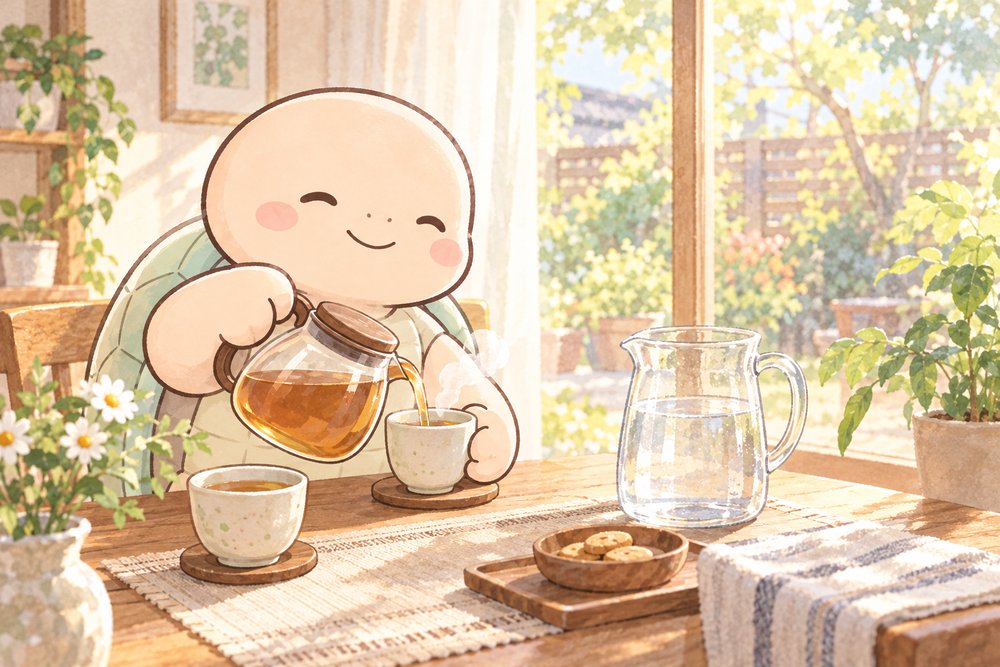こまめに温かいお茶で水分をとる亀のナビ助