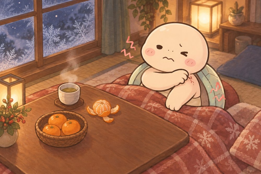 冬の夜にこたつで体のかゆみをかく亀のナビ助