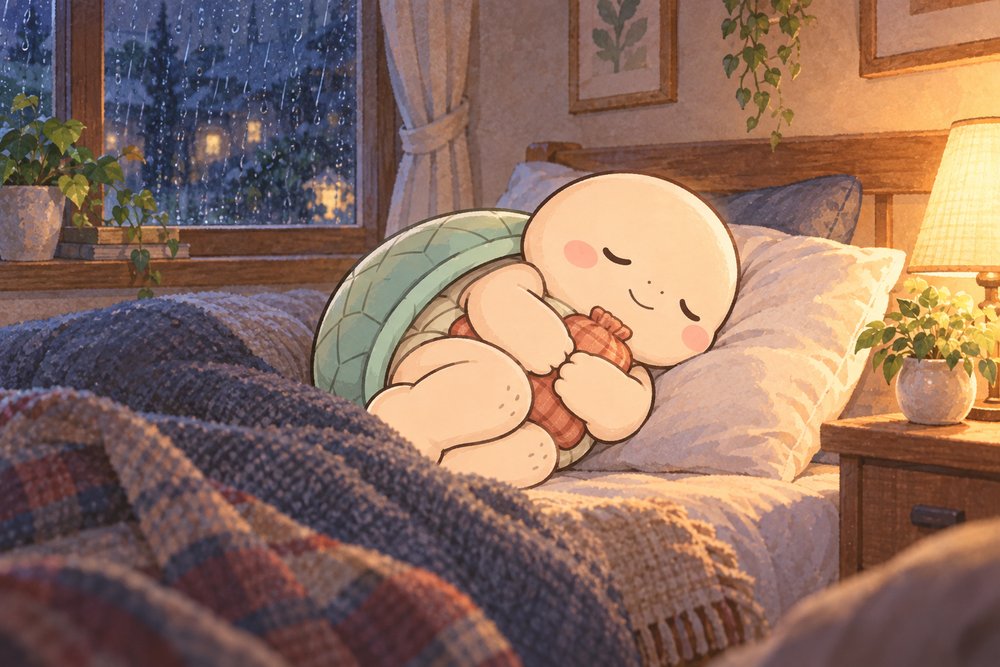 雨の夜におなかを温めて丸くなって休む亀のナビ助