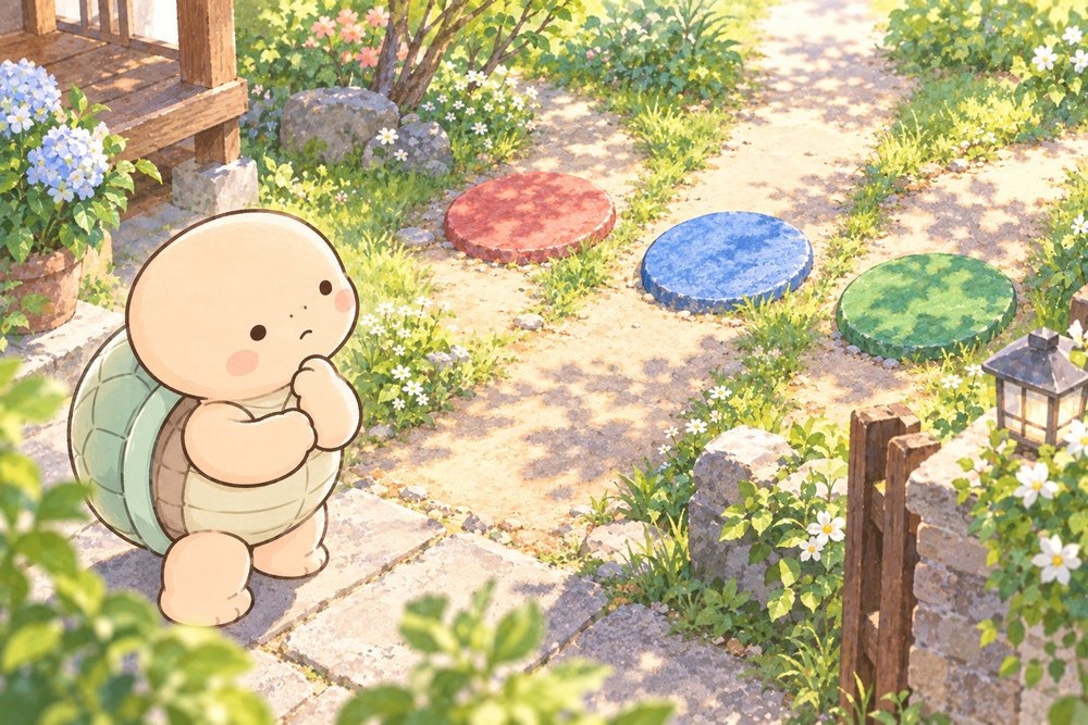 色のちがう飛び石の前でどれに進むか考える亀のナビ助