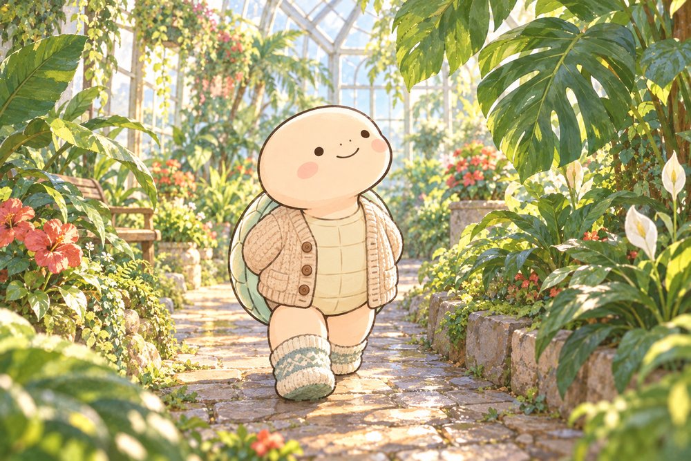 温かい服装で植物園の温室を散歩する亀のナビ助