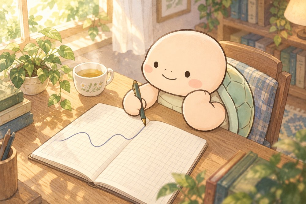 ノートに体のリズムを書きこむ亀のナビ助