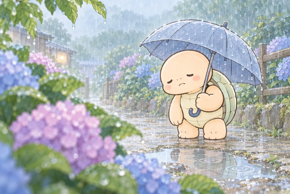 梅雨の紫陽花の小道で体が重だるい亀のナビ助