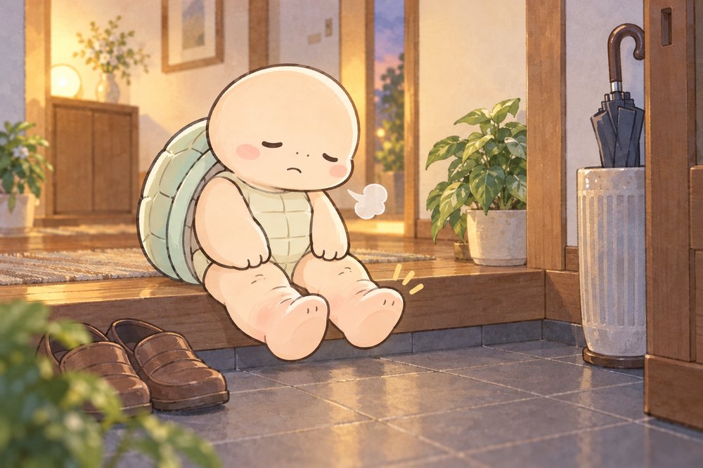 玄関でむくんだ足を見つめてため息をつく亀のナビ助