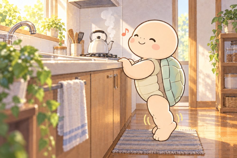 キッチンでかかとの上げ下げ運動をする亀のナビ助