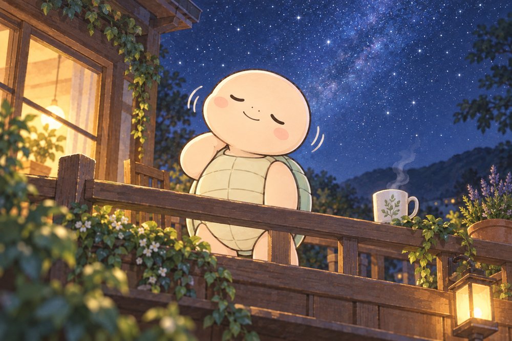 星空の下のバルコニーで首のストレッチをする亀のナビ助