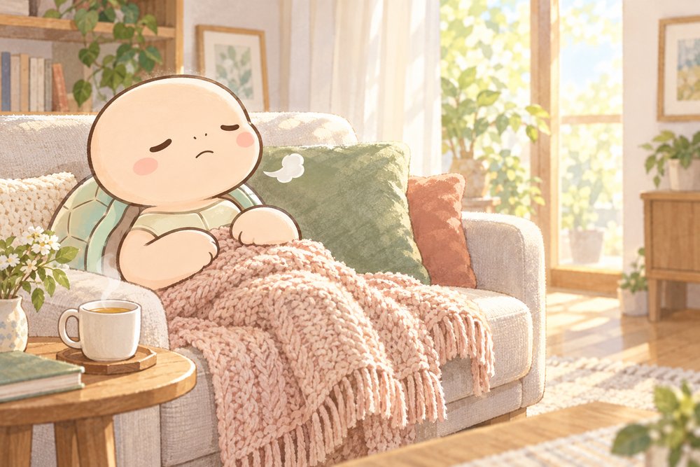 ソファでブランケットをかけてひと休みする亀のナビ助