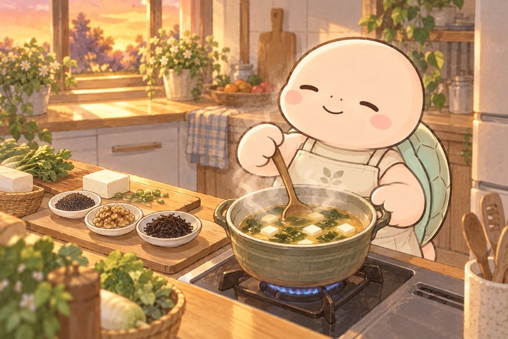 わかめのお味噌汁を作る亀のナビ助