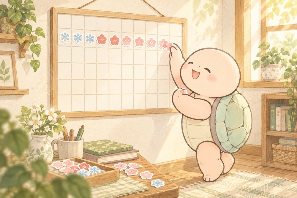季節のシールを貼って体質改善の計画を立てる亀のナビ助