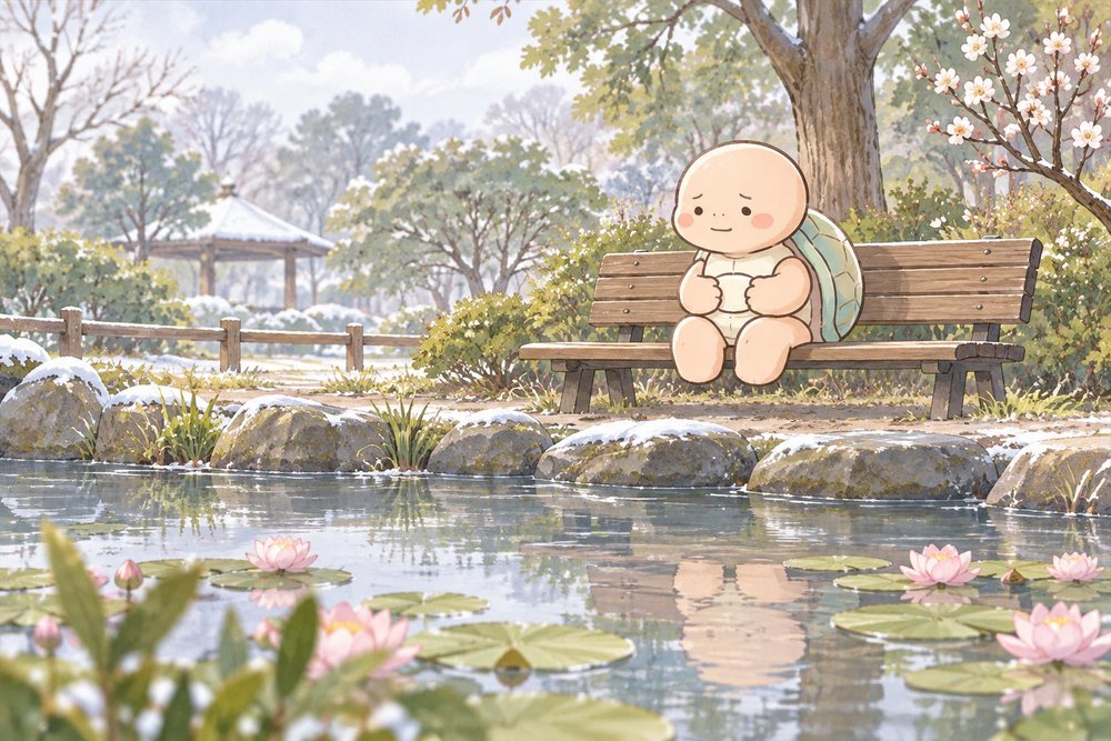 池のほとりでおなかに手を当てて休む亀のナビ助